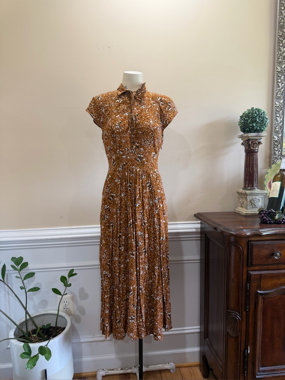Free People Printed  Button-Front Midi Dress in Rust